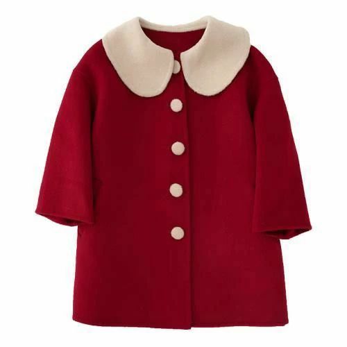 【新品発売期間限定特価】かわいい 襟付き ウール 秋冬 子供 コート シンプル ジャケット 女の子 ミドル丈 赤 ポケット付き おでかけ おしゃれ 茶 レトロ 無地 洋風|ドリームペット