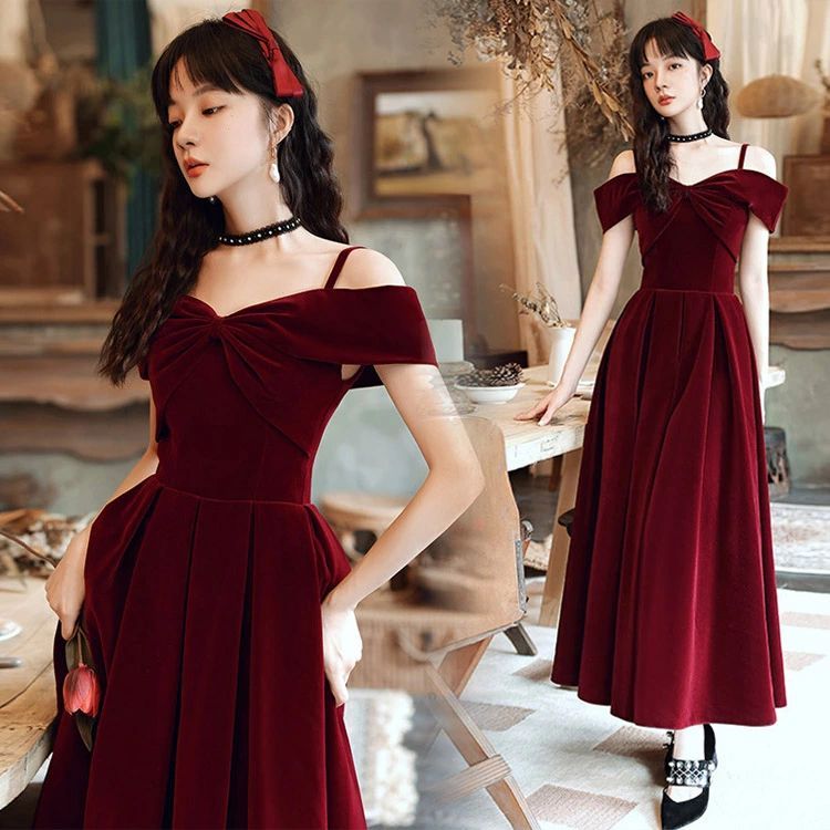 C104 新入荷　ワインレッド　プリーツカップ オフショルダー二次会ドレス da059n1_kc1_1.jpg