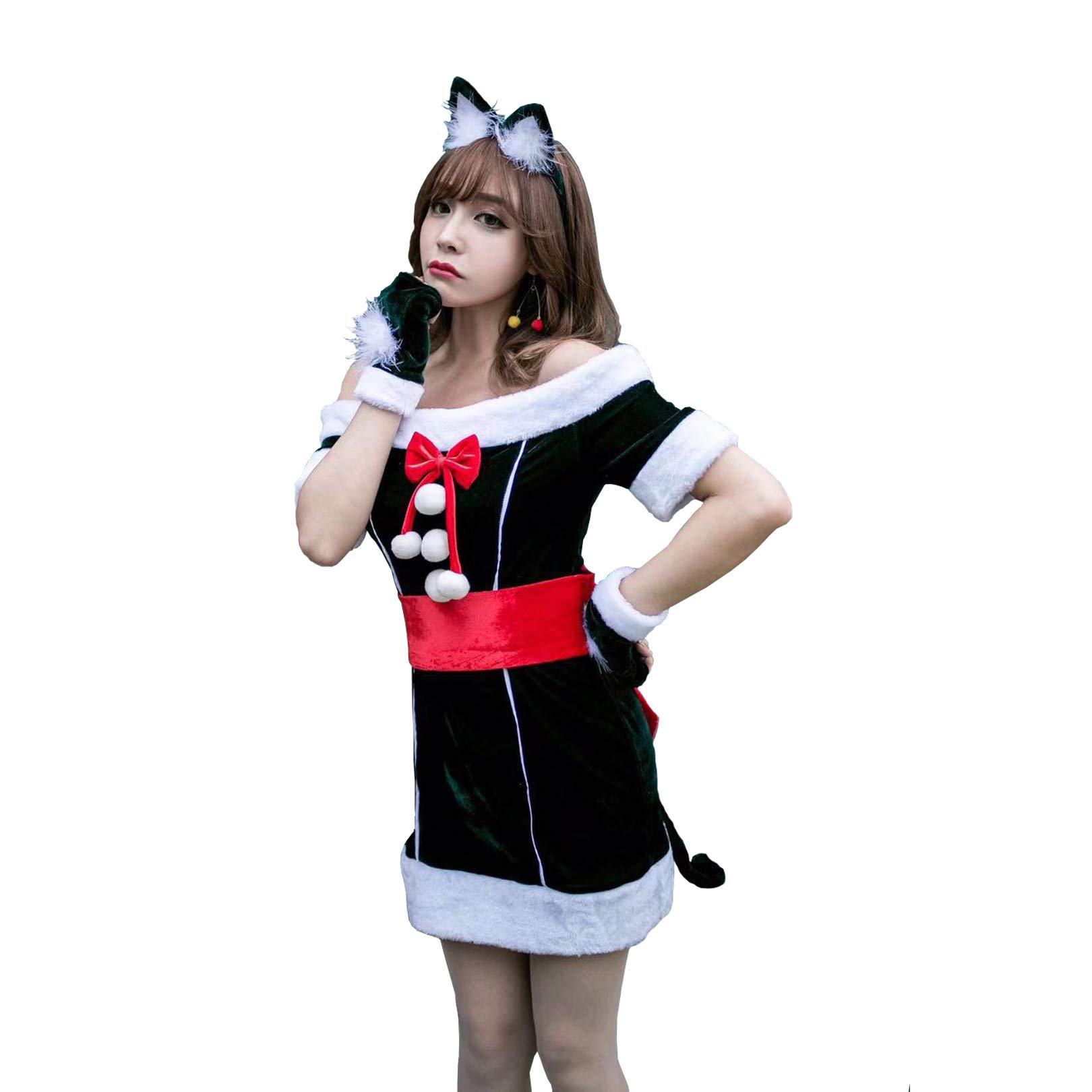 サンタ コスプレ 女性 可愛い サンタコス 仮装 ネコ耳カチューシャ クリスマスコス コスチューム グリーン レディース サンタクロース 衣装 姫様 演出 cosplay バー サンタワンピース (M)