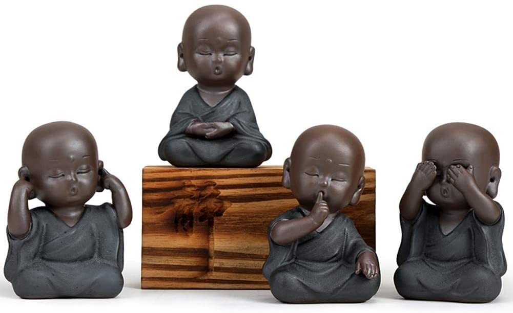 フィギュア彫刻 4モンク像セット、かわいい小さな僧侶像富とラッキー彫刻、ホーム仏像装飾ギフトセット 風水像