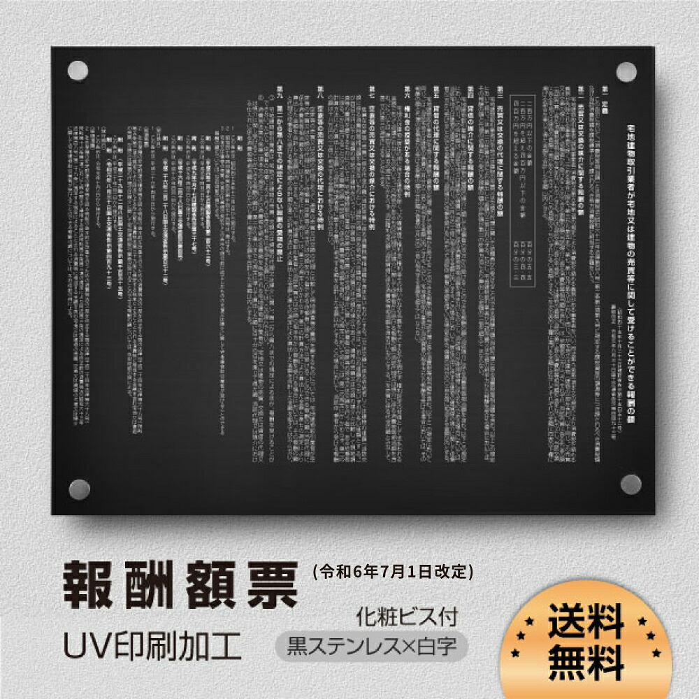 【クーポンあり!】【令和6年7月1日改訂版】報酬額票 約W515mm×H364mm×t1mm ステンレス板「黒看板+白文字」UV印刷加工 報酬の額 看板 bc-04|ミニワールド