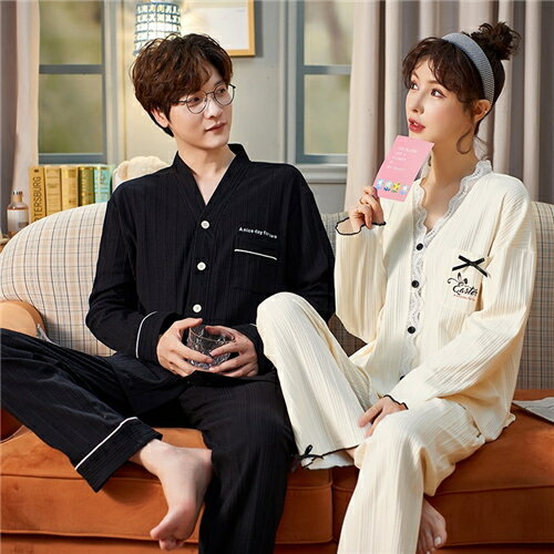 ペアパジャマ カップル ペア ルームウェア 前開き 春夏 結婚祝い プレゼント 大きいサイズ お祝い 長袖 パジャマ ギフト 上下 セット レディース 部屋着 ペアルック メンズ 春秋 ブラック ホワイト 21年レディースファッション福袋