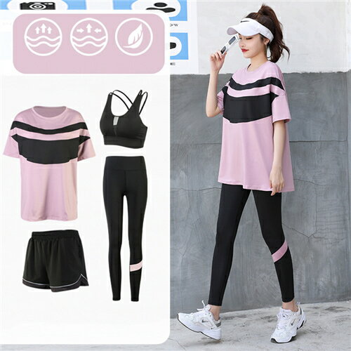 1872円 超目玉 ランニングウェア レディース 4点セット 春夏 セット ウェア おしゃれ 可愛い かわいい トレーニングウェア ジムウェア ジム ヨガウェア スポーツウエア 女性 秋冬 トップス 夏 スポーツブラ 半袖tシャツ レギンス ショートパンツ 吸汗速乾 ブルー 黒