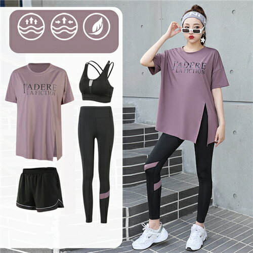 ランニングウェア レディース 4点セット 春夏 セット ウェア おしゃれ 可愛い かわいい トレーニングウェア ジムウェア ジム ヨガウェア スポーツウエア 女性 秋冬 トップス 夏 スポーツブラ 半袖tシャツ レギンス ショートパンツ 吸汗速乾 ブルー 紫 ギフト プレゼント