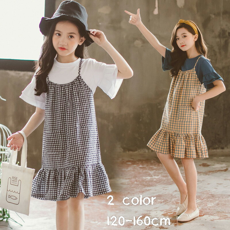 子供 ワンピース 発表会 2点セット 半袖 かわいい 女の子 夏服 カジュアル ナチュラル 夏 海外旅行 キッズ服 ジュニア 子ども ガールズ フォーマル 膝丈 Aライン チェック おしゃれ 送料無料 90 Off