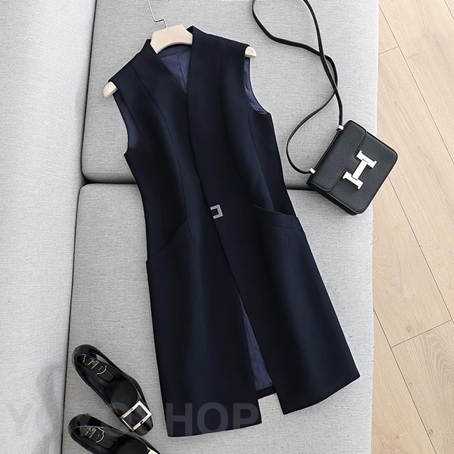 BONCIERGE ロングベスト3L ネイビー事務服作業服新日未使用 FV35910 フォーク オフィスウェア ベスト チェック柄 女性用