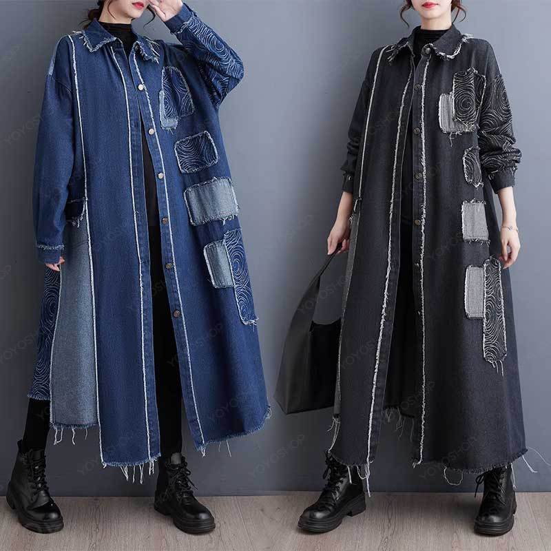 韓国ファッション ダメージ加工 レトロ風 ロングデニムアウター アウターデニムアウターデニム特集ロングアウター