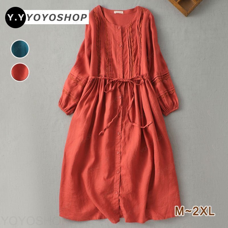 【M~2XL】秋コーデ ウエストリボン レース ロング丈ワンピース ロングワンピースワンピース