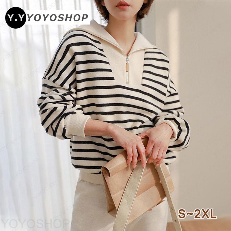 【S~2XL】ぬけ感 ハイネック ストライプ柄 カジュアル系 ゆるシルエット トレーナー トップストレーナー