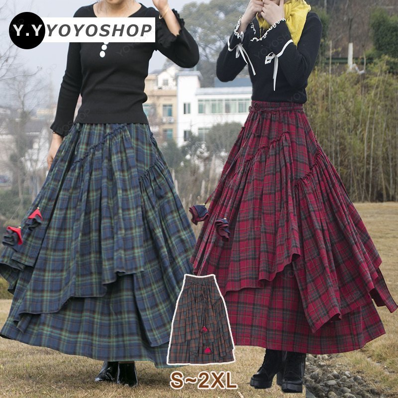 韓国ファッション チェック柄 ボリューム感 Aライン スカート スカート特集 フレア裾 ブルー ワインレッド