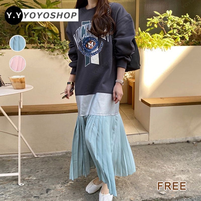 韓国ファッション プリント パーカー風プリーツワンピース ロングワンピース ワンピース グリーン ピンク