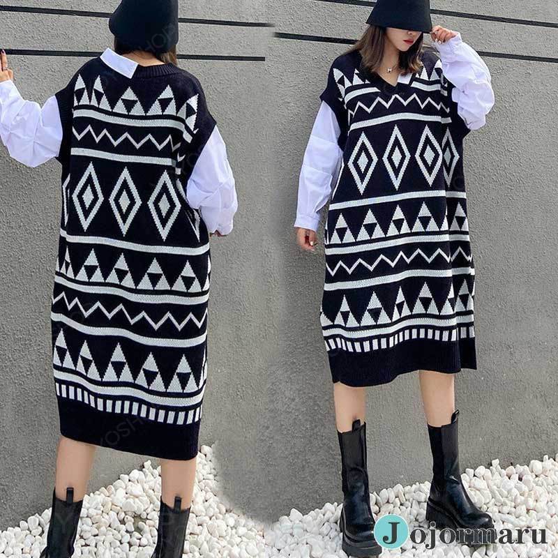 レイヤード風 ニットワンピース 切替 シャツスリーブ 幾何学柄 秋冬ワンピース ニットワンピースロングワンピース秋冬