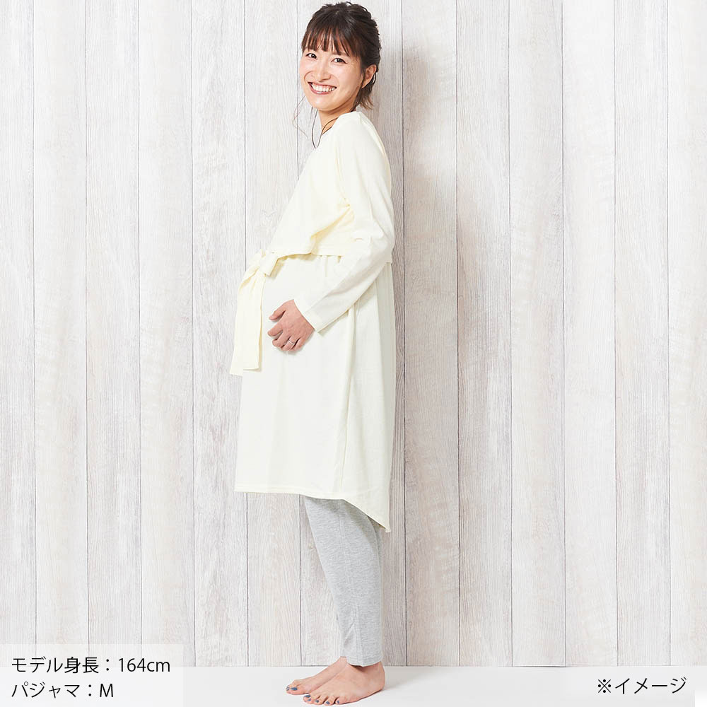 1200円 業界No.1 A.idee 長袖マタニティパジャマ ワッフル 腰リボン付き ライトベージュ×M