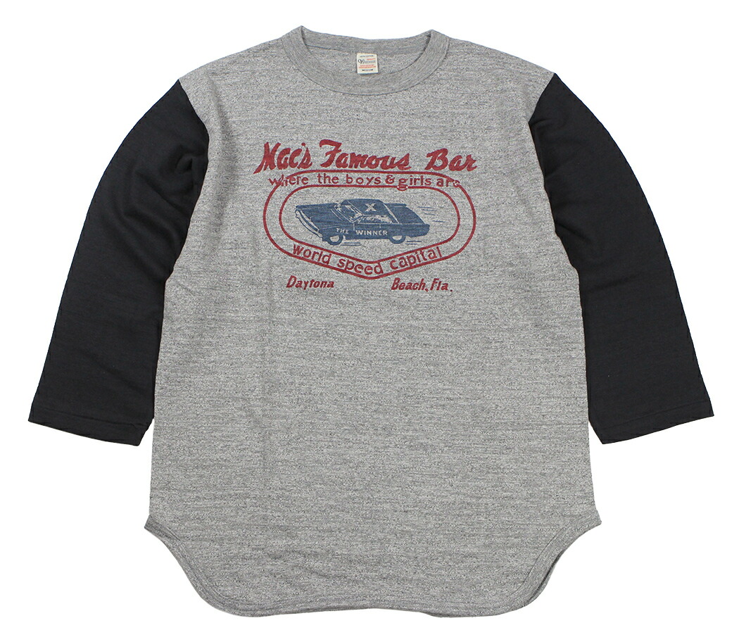 WAREHOUSE \u0026 CO. [\"Lot 4800 7分袖野球T MAC\u0027S FAMOUS BAR\"" 杢薄墨色×黒いこと size.S,M,L,XL]"
