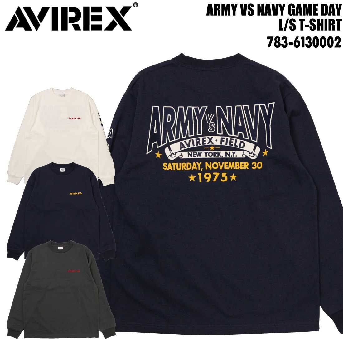 AVIREX アヴィレックス アビレックス 長袖 プルオーバー 783-6130002 労働者の一団素っ首 ミリタリー メンズ トップス 単科大学 ARMY vs NAVY ロンT 刺しゅう ロゴタイプ