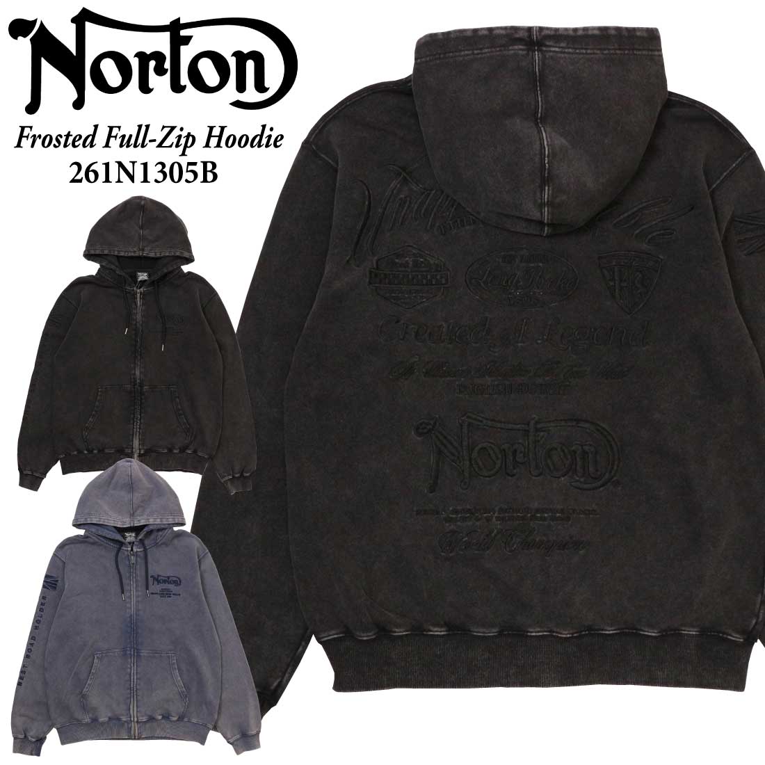 Norton ノートン 服 長袖 パーカー 261n1305B ロゴ フロスト加工 フルジップパーカー 刺繍 アメカジ バイカー メンズ 服 ファッション