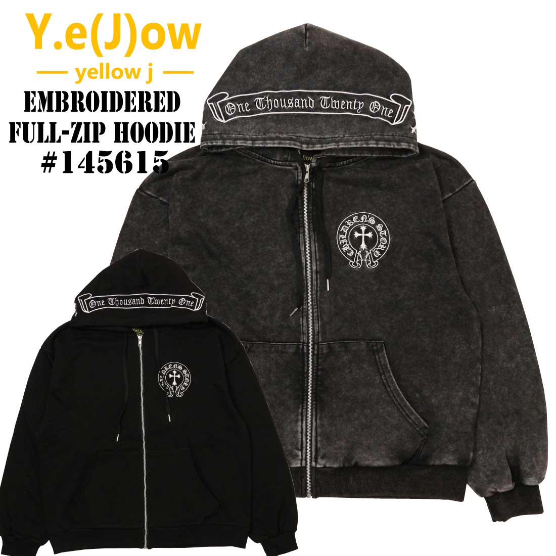 Yellow.J イエロージェイ 長袖 パーカー 145615 クロス 刺繍 フルジップ パーカー ブラック系加工 メンズ メンズファッション ヴィンテージ加工|jeans trad blue