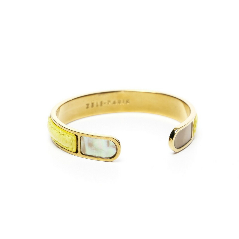 美品 Zele Paris ゼルパリ ゼルパリ クロコダイル シェル バングル バングル 美品 Zele Paris ゼルパリ クロコダイル シェル バングル ブレスレット イエロー ゴールドカラー リアルクロコ ワニ革 レディース ジュエリー アクセサリー 中古 Gi1094