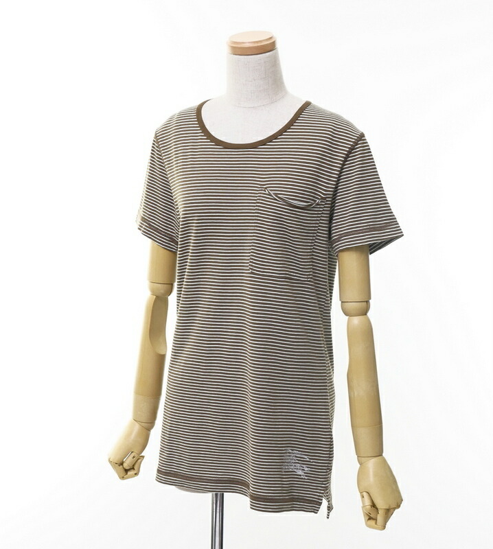 美品 Burberry London バーバリー 半袖 Tシャツ カットソー レディース サイズ38 ブラウン ホワイト ボーダー コットン ロゴプリント ロング丈 ブランド古着 中古 Gi54 Novix Com