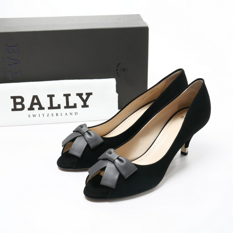 ■未使用品■BALLY バリー オープントゥ パンプス 靴 サイズ38.5（24.5cm相当）キッドスエードレザー リボン ブラック 黒 イタリア製  フォーマル セレモニー オケージョン 20220117/GJ6469 | トレード楽天市場店
