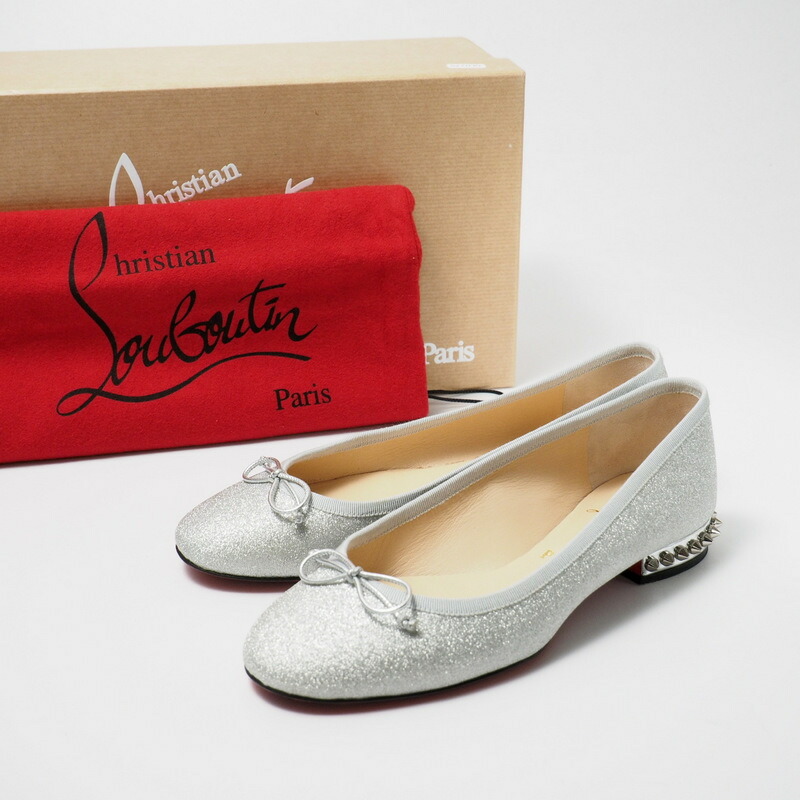 ■美品■ Christian Louboutin クリスチャンルブタン《LA MASSINE》フラットシューズ バレエシューズ パンプス  サイズ35.5（22.5cm相当) 靴 シルバー ラメ スタッズ 鋲 イタリア製 ブランド古着【中古】20220704/GL0275 |  トレード楽天市場店