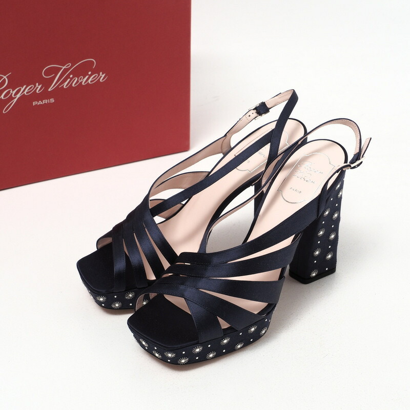 ■未使用品■Roger Vivier ロジェヴィヴィエ MINI STARS PLAT SANDAL 120 ミニ スターズ プラットサンダル  サイズ40(25.0〜25.5cm相当) サテン ラインスター 靴 ネイビー イタリア製20230113/GM6164 | トレード楽天市場店