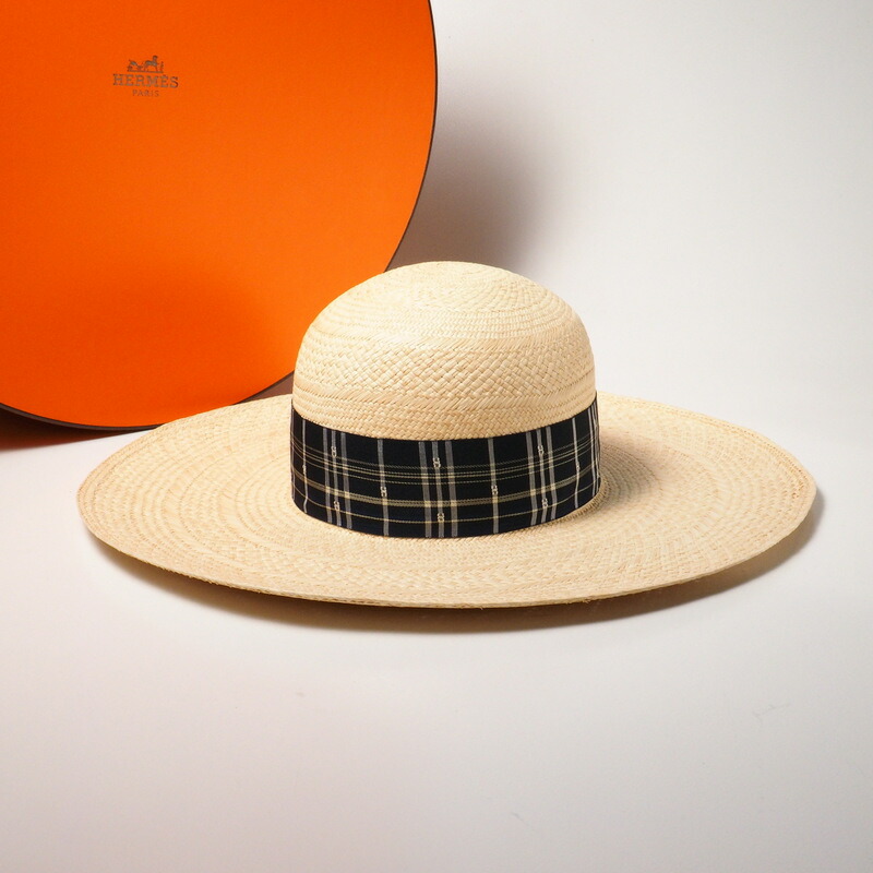 【大売り出し】■美品■HERMES エルメス ANOUK アヌーク かぶり笠 大きさ58 麦わら帽子 Hロゴタイプ 照合のしるし柄 シュロの葉【おすすめ】 ブランド名古着【中古】20240428/GP6245