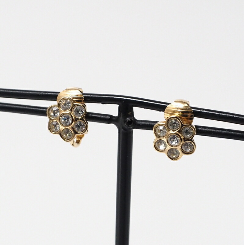 【プライスダウン】■美品■Christian Dior クリスチャンディオール ヴィンテージ イヤリング フラワーモチーフ クリスタル ゴールドカラー ブランド古着【中古】20240620/GQ0194