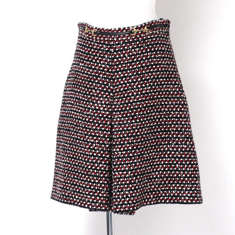 ■美品■GUCCI グッチ スカート サイズ42 ツイード スパンコール ビット金具ベルト装飾 ミケーレ期 イタリア製 ブランド古着【中古】20240902/RA1082