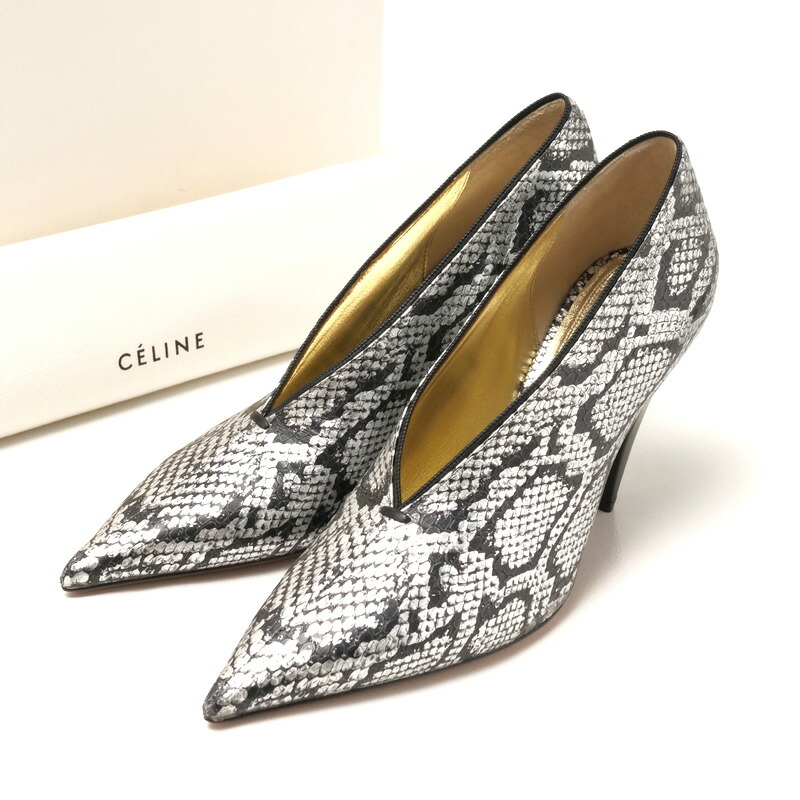 ■未当て嵌める品■CELINE セリーヌ パンプス 大きさ37 フィービー期 V素っ首 靴 ポインテッドトゥ パイソン柄 イタリア製 20240916/RA1240