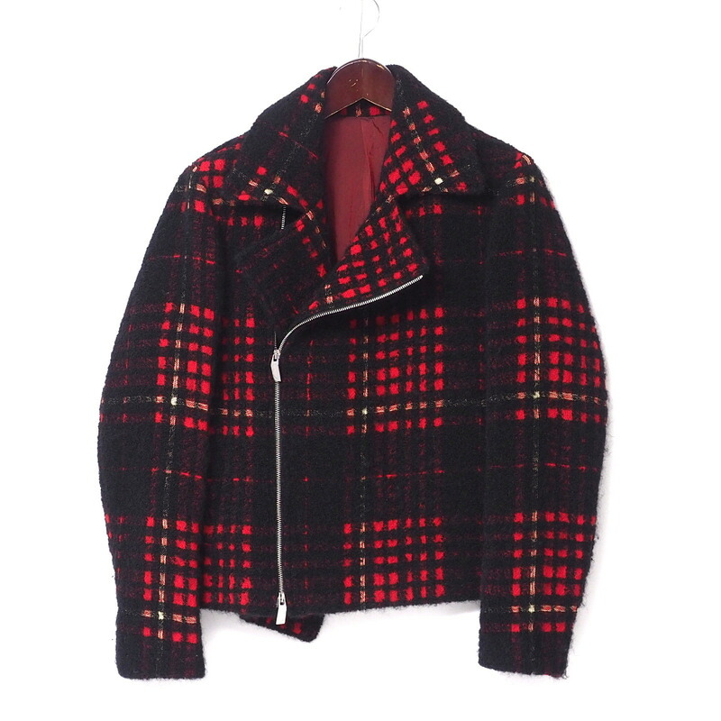 ■美品■Emporio Armani エンポリオ・アルマーニ ライダースジャケット サイズ48 チェック柄 ウール×モヘヤ×アルパカ イタリア製 ブランド古着【中古】20240918/RA1140