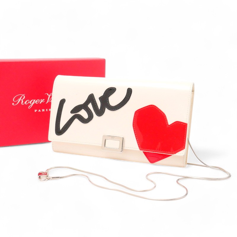 Roger Vivier ロジェヴィヴィエ ショルダーバッグ Gommette T-shirt Love チェーン 財布バッグ クラッチバッグ パテントレザー 2WAY ホワイト イタリア製 ブランド古着【中古】20250106/RA2848