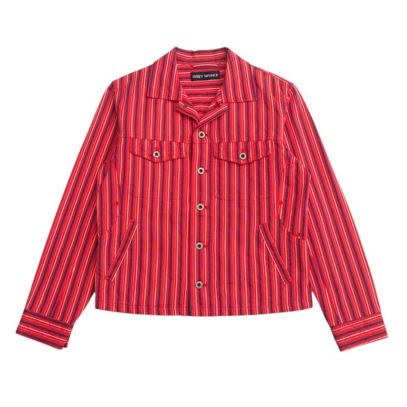 ■美品■ISSEY MIYAKE イッセイミヤケ ジャケット サイズ3 トラッカージャケット ストライプ コットン レッド ブランド古着【中古】20250211/RA3328