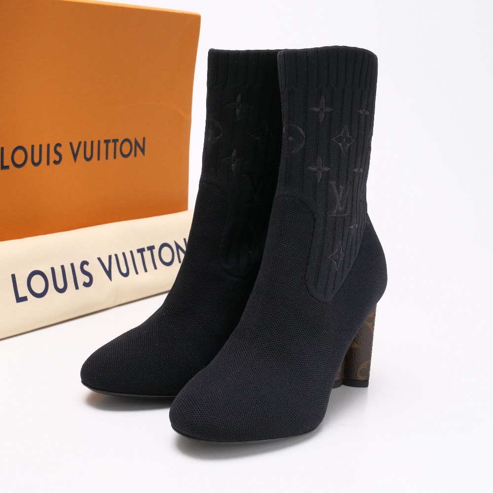 LOUIS VUITTON ルイ ビトン ロングブーツ　フラワー ヴィトン 08年 レザー ロングブーツ 34 レディース ブラック