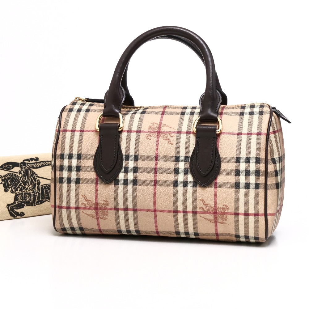 【美品】BURBERRY レザー キャンバス ボストンバッグ ブラウン ポーチ付 美品】BURBERRY レザー キャンバス ボストンバッグ ブラウン