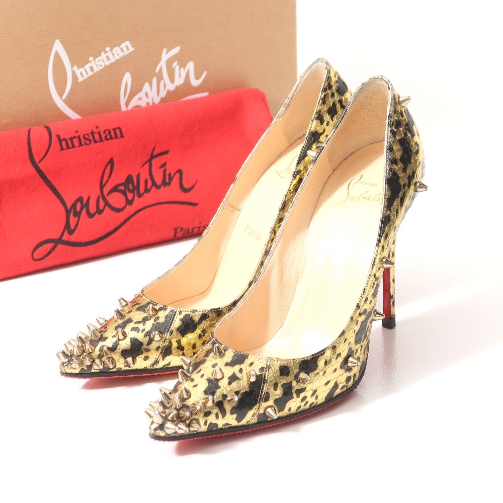 Christian Louboutin クリスチャンルブタン パンプス 大きさ36 スパイク スタッズ パイソン柄 ハイヒール なめし革 ゴールド 靴 イタリア製 ブランド名古着【中古】20250605/RA4891