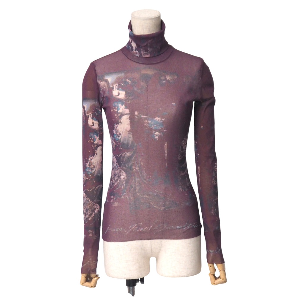 ■美品■JEAN-PAUL GAULTIER ジャンポールゴルチエ パワーネット カットソー サイズ40 メッシュ タートルネック タイト 長袖 総柄 ブランド古着【中古】20250612/RA5138