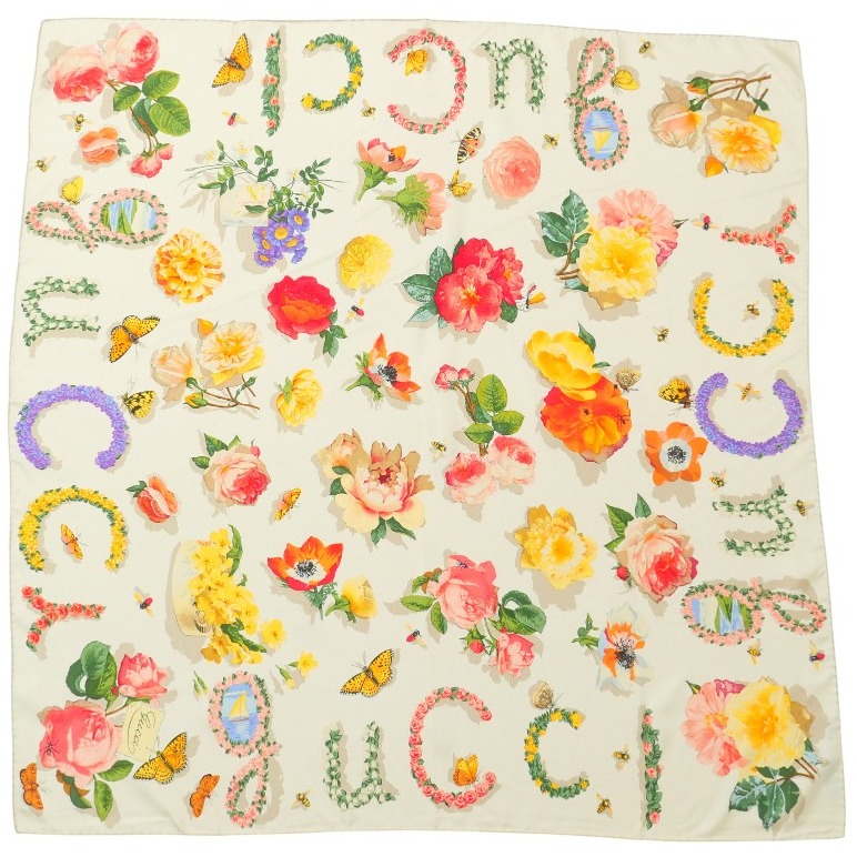 【美品】GUCCI ロゴ スカーフ バンダナ シルク100 フローラル フラワー 美品】GUCCI ロゴ スカーフ バンダナ シルク100 フローラル