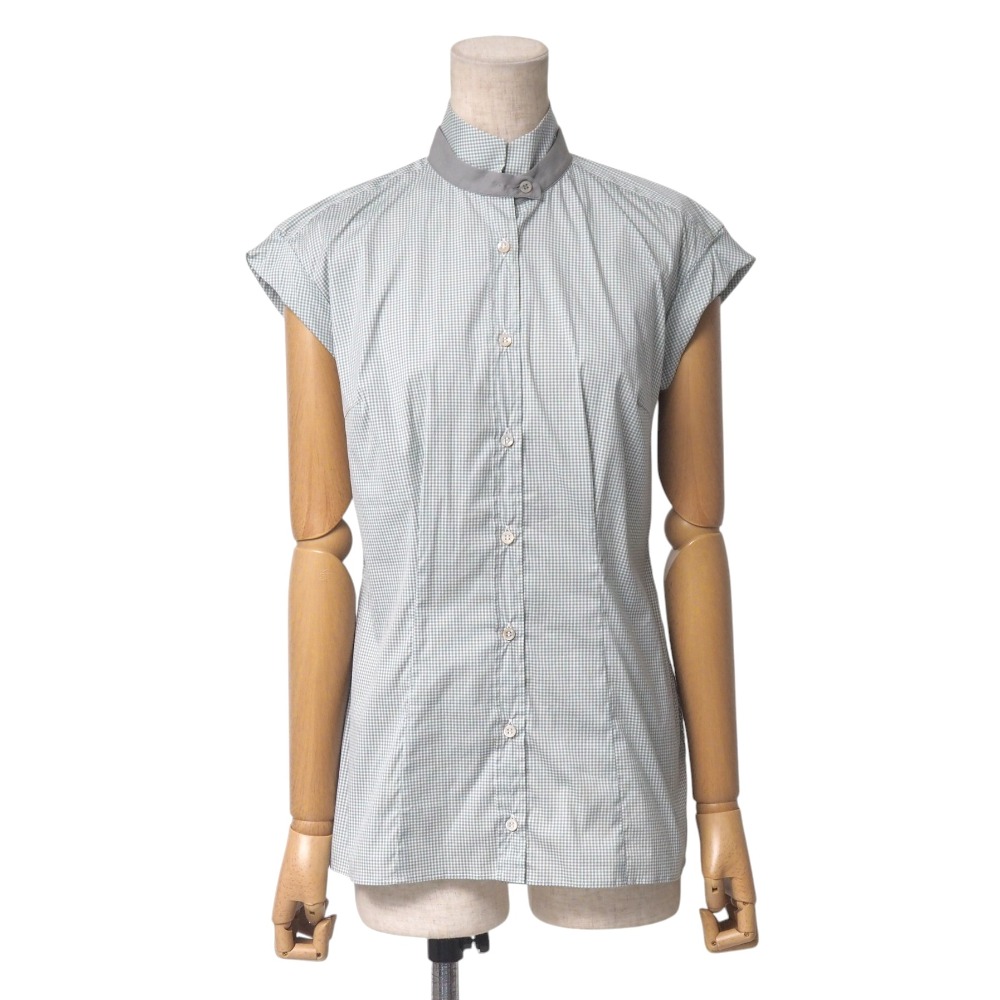 ■美品■Brunello Cucinelli ブルネロクチネリ ブラウス サイズXS チェック バンドカラー スタンドカラー フレンチスリーブ シャツ イタリア製 ブランド古着【中古】20250821/RA5793