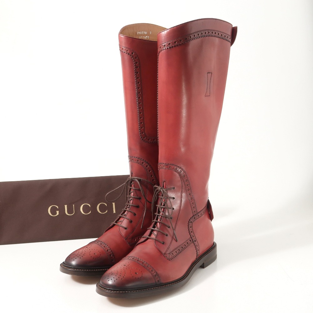 ■美品■GUCCI グッチ ブーツ 大きさ7 シェリー酒伝達ルート セミブローグ なめし革 ロングブーツ 靴 ブランド名古着【中古】20251202/RA6726