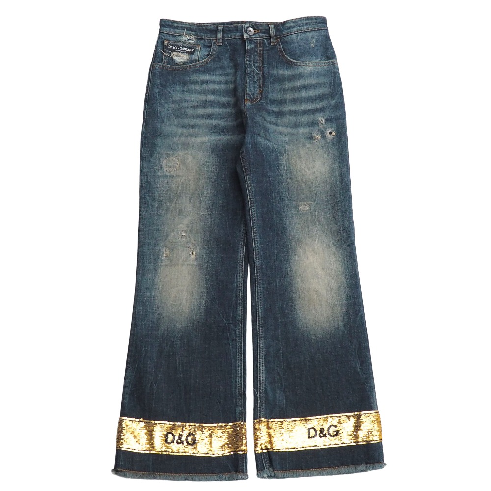 DOLCE&GABBANA ドルチェアンドガッバーナ デニムパンツ サイズ40 スパンコール ストレッチ フレア ダメージ加工 ブランド古着【中古】20260316/RA8436|トレード店