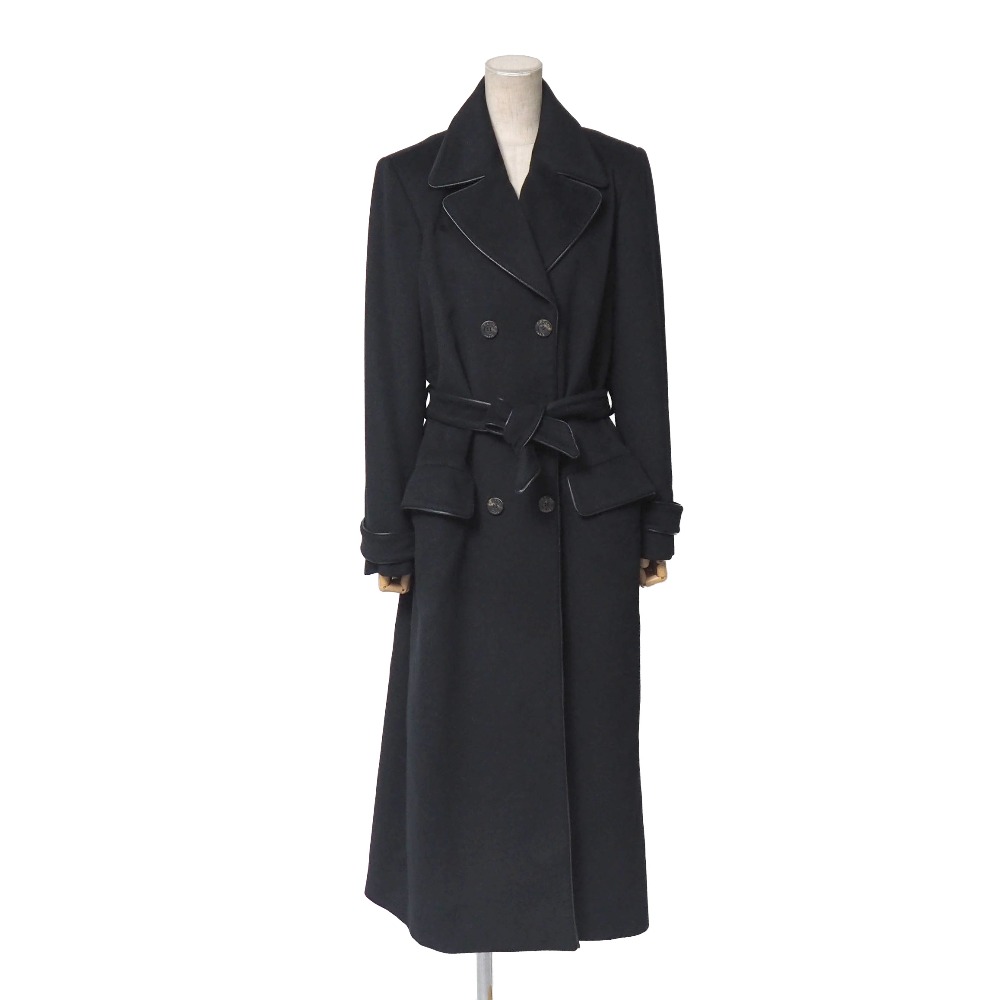 OLD CELINE オールドセリーヌ ヴィンテージ コート サイズ40 ダブル ベルテッド レザートリム ロングコート カシミヤ混 アンゴラ混 ブランド古着【中古】20260323/RA8484|トレード店