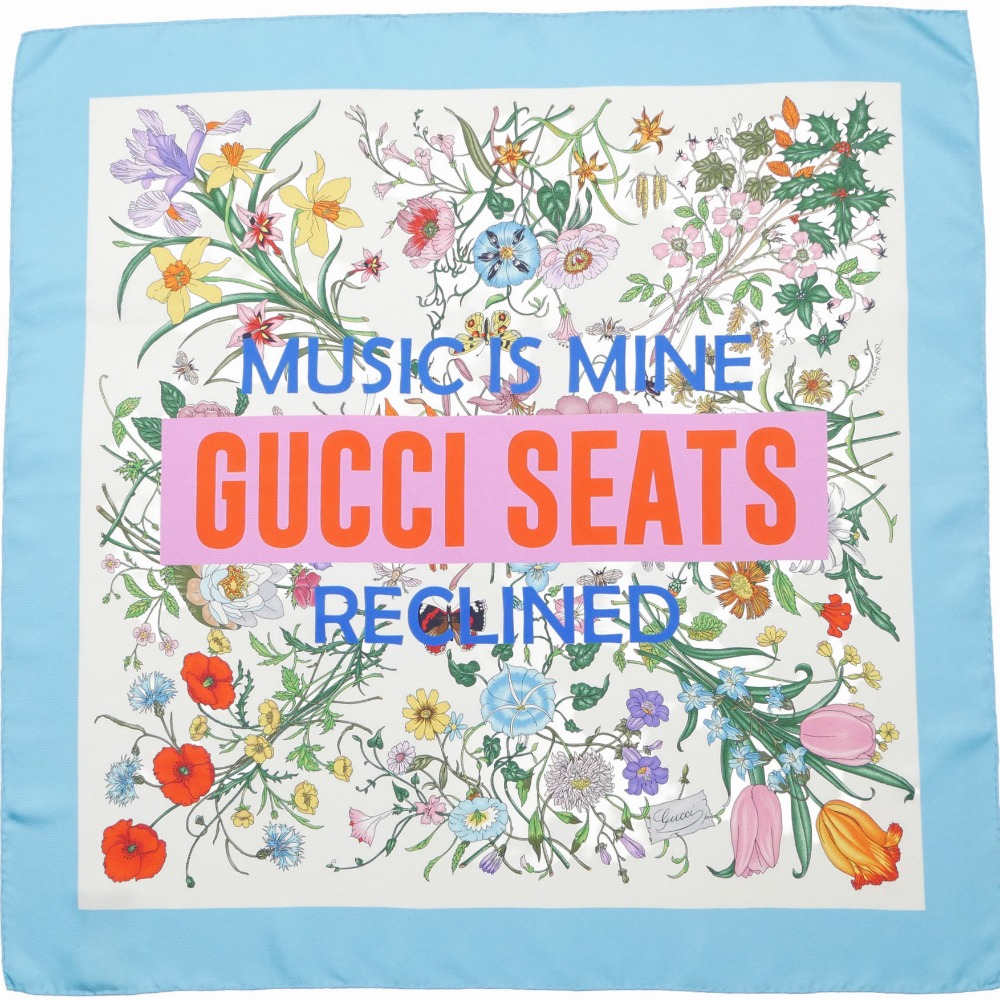 ■美品■GUCCI グッチ 打ち立てる100周年祝する 植物相 えり巻き 大きさ90 × 90 珊 MUSIC IS MINE GUCCI SEATS RECLINED 大判 シルクツイル イタリア製 ブランド名古着【中古】20260324/RA8717