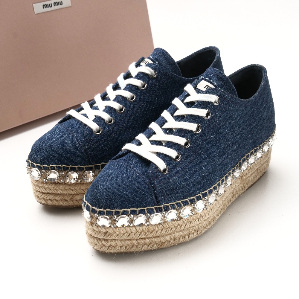 ■美品■MIUMIU ミュウミュウ スニーカー 大きさ37 エスパドリーユ ビジュー ジーンズ 厚底 プラットホーム ブランド名古着【中古】20260515/RA7802