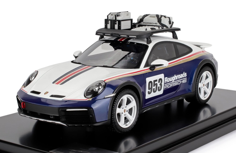 PORSCHE 911 992 N953 ダカールラリー ROUGHROADS ルーフアクセサリーパック付き添い人 2023 陳列棚付き添い人 白いこと青碧 300台制限事項/ Spark 1/12 ミニカー