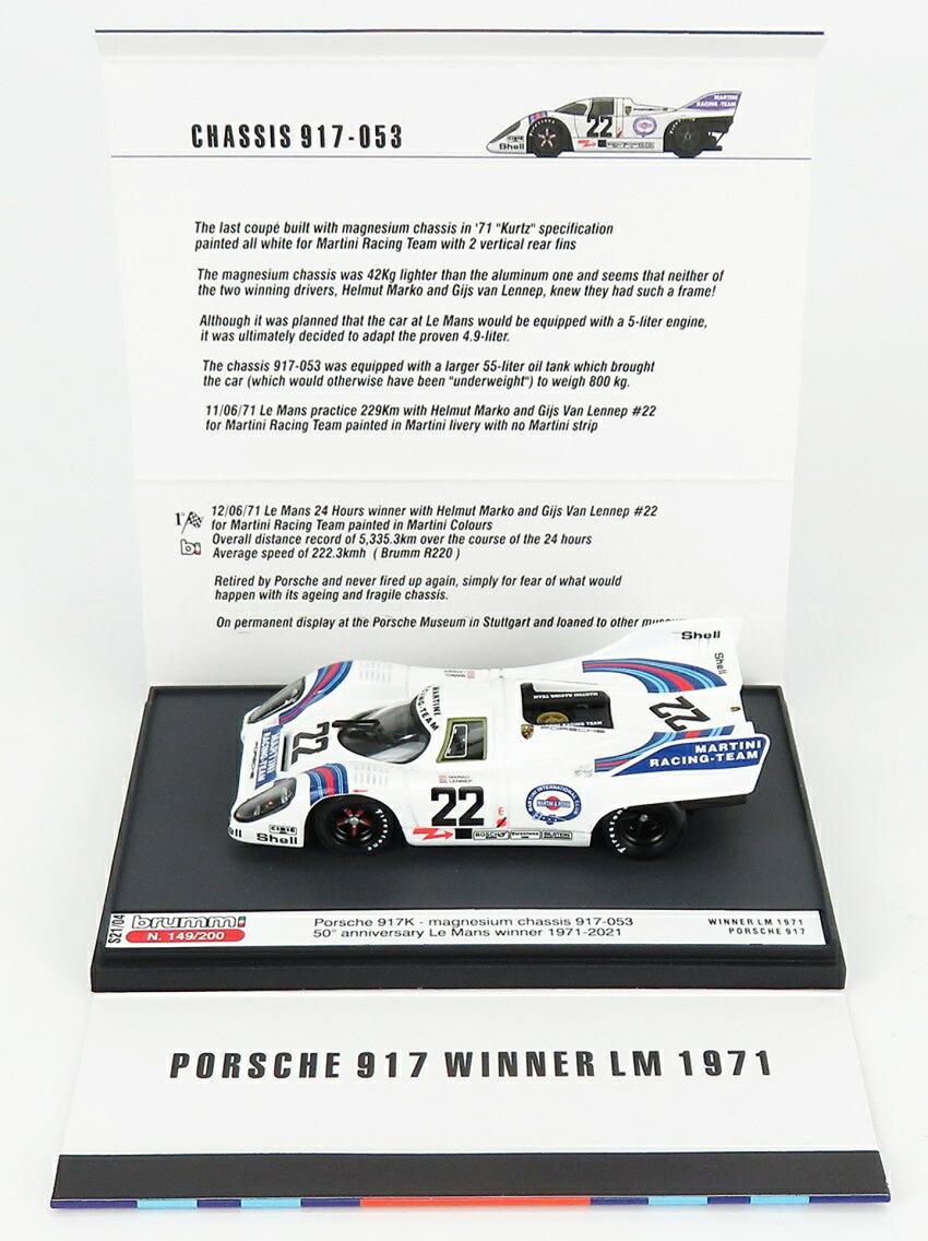 Porscheポルシェ 917K 4.9L 1971 TEAM MARTINI RACING N 22 WINNER 24h LE MANS MARKO VAN LENN 200台限定 / BRUMM 1/43 ミニカー