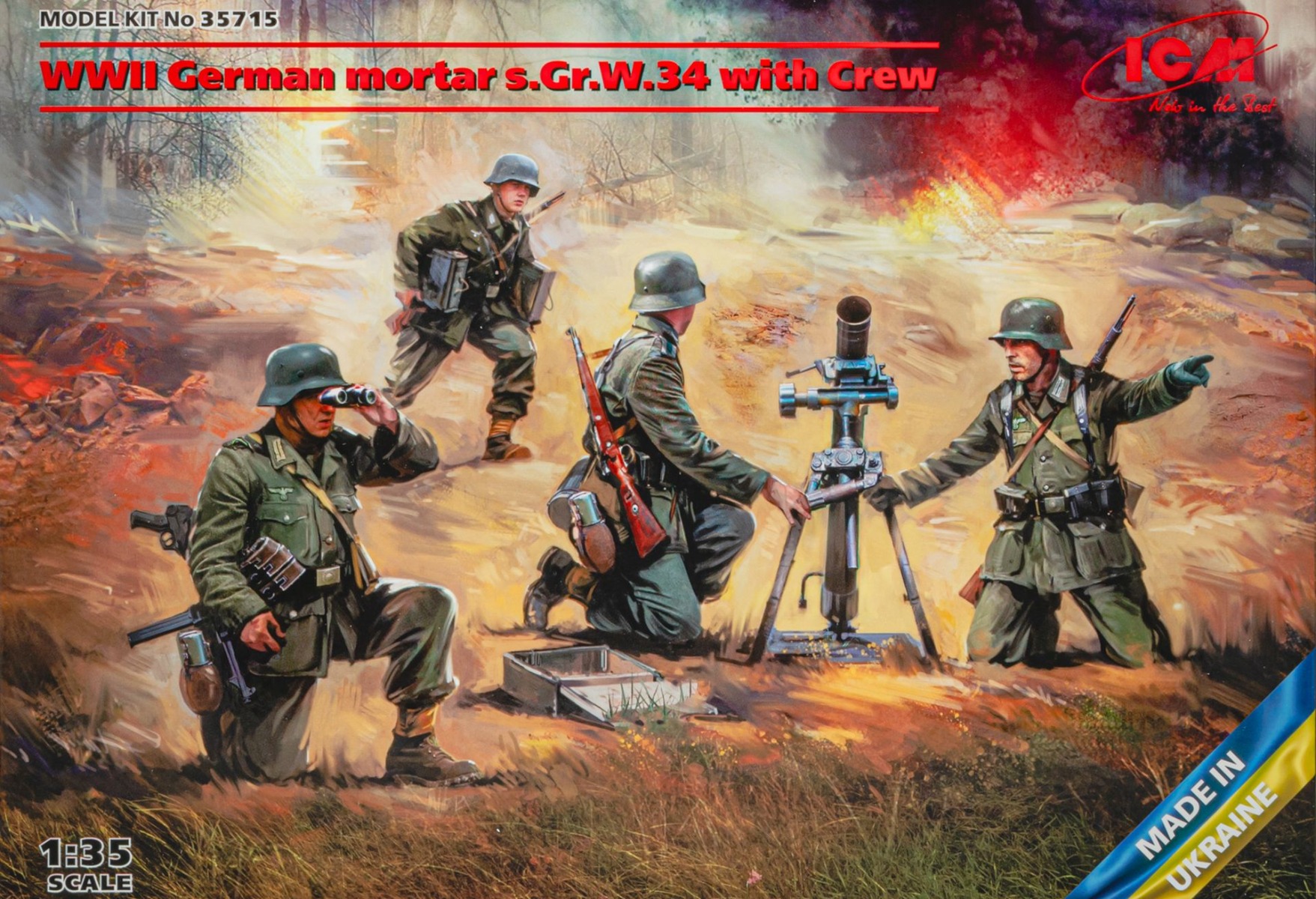 WW2 German Mortar s.Gr.W.34 with Crew 迫撃砲と下士官兵4体書き割り 精神的な統合プラモ一揃いの道具ひな形 ミリタリー /ICM 1/35