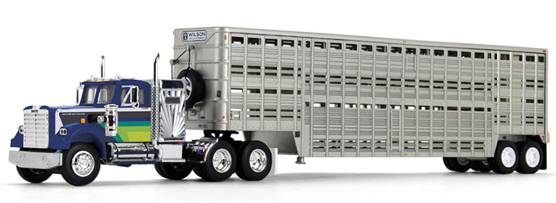 White Western Star 4900 \u0026 45フィート Wilson Vintage Livestock Trailer  青み/緑であること縞模様  トレーラ / DCP 1/64 作り上げる機械類ひな形 工事鉄道車両
