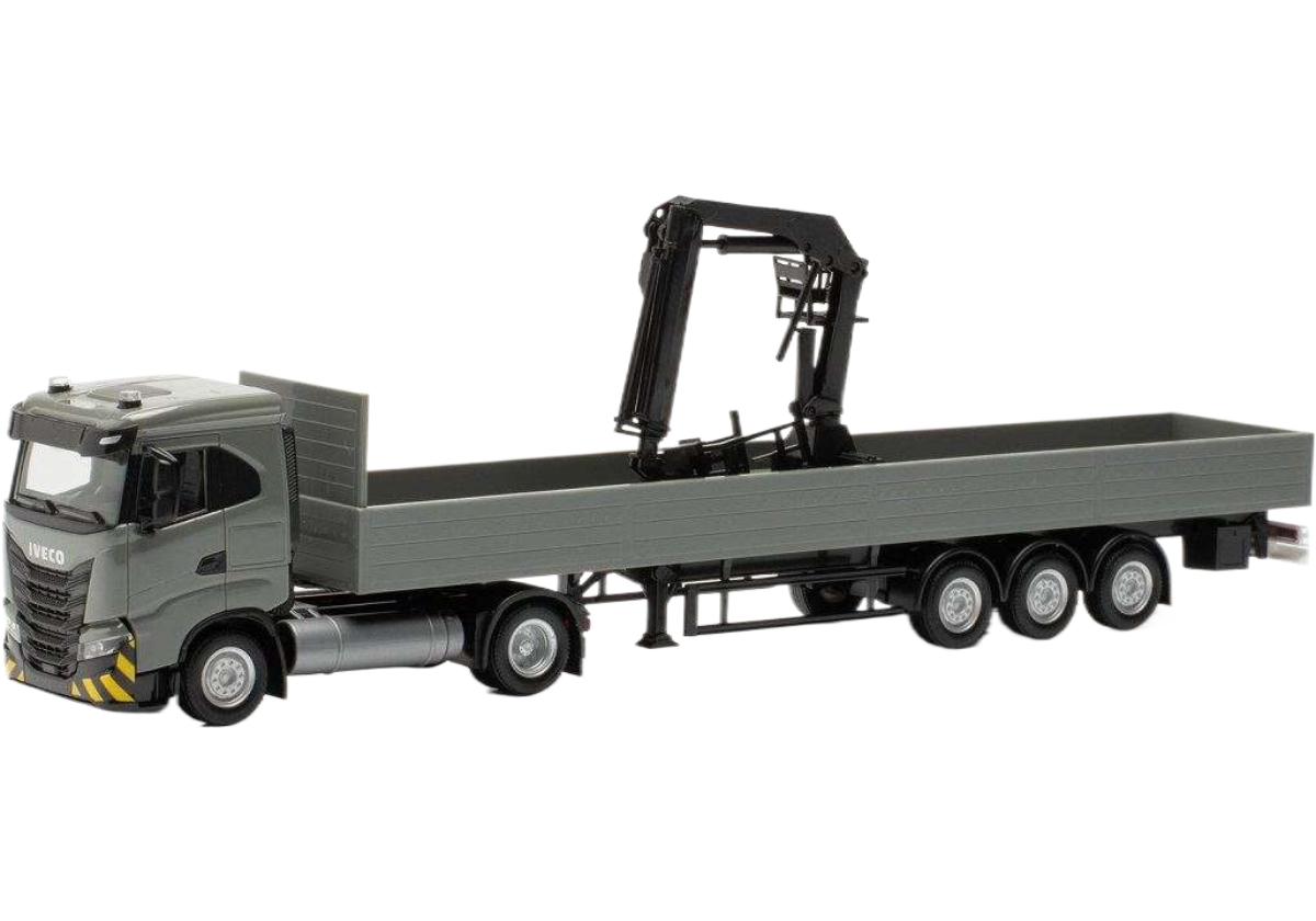 Iveco S-Way LNG ND 平床セミトレーラー ローディング起重機 薄墨色黄み トレーラ / Herpa 1/87 作り上げる機械類ひな形 工事鉄道車両 車-乗り物のおもちゃ