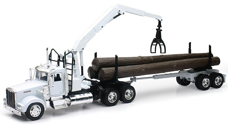 Kenworthケンワース W900 ログ運搬車 ホワイト 丸太輸送 働く車 トラック 模型 / NEW-RAY 1/32 ミニカー 模型